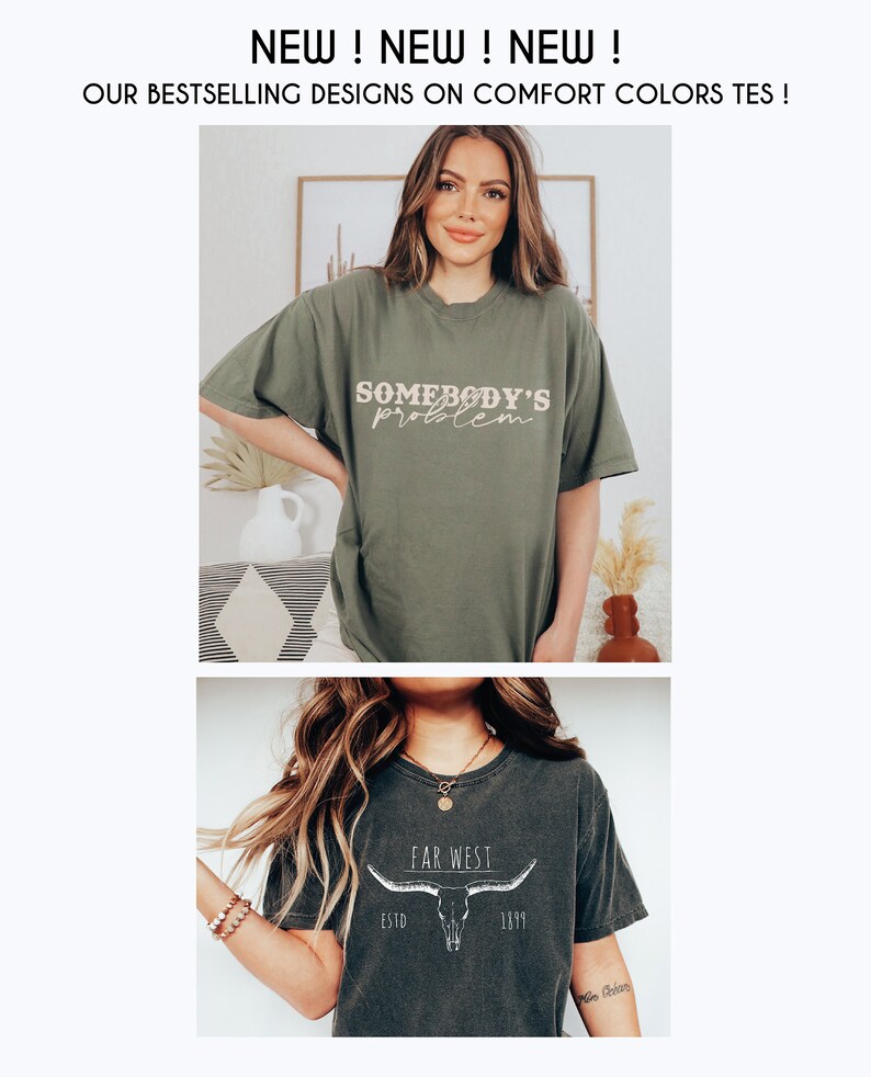 K&ouml;nnte beinhalten: Zwei T-Shirts mit unterschiedlichen Designs. Das erste T-Shirt ist olivgr&uuml;n mit dem Text "Somebody's problem" in cremefarbener Farbe. Das zweite T-Shirt ist dunkelgrau mit einem wei&szlig;en Totenkopf- und Horn-Design und dem Text "Far West Est. 1819".