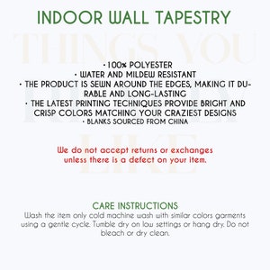 May include: Indoor wall tapestry made from 100% polyester. The tapestry is water and mildew resistant and sewn around the edges. The product is durable and long-lasting. The latest printing techniques provide bright and crisp colours. Blanks sourced from China. Care instructions: cold machine wash with similar colours garments using a gentle cycle. Tumble dry on a low setting or hang dry. Do not bleach or dry clean.