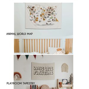 Puede incluir: Dos tapices de pared, uno con un mapa del mundo que presenta varios animales y el texto "Animal World Map", y el otro con el texto "Long Live Playtime" en una fuente l&uacute;dica. Los tapices se muestran en un entorno de guarder&iacute;a con una cuna, una estanter&iacute;a y otros juguetes para ni&ntilde;os.