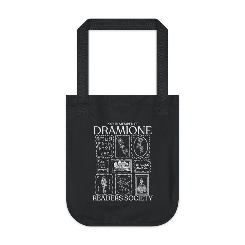 May include: Black tote bag with white text that reads "Proud Member of Dramione Readers Society". The text is surrounded by a graphic of nine small squares, each containing a different image related to the Harry Potter books.