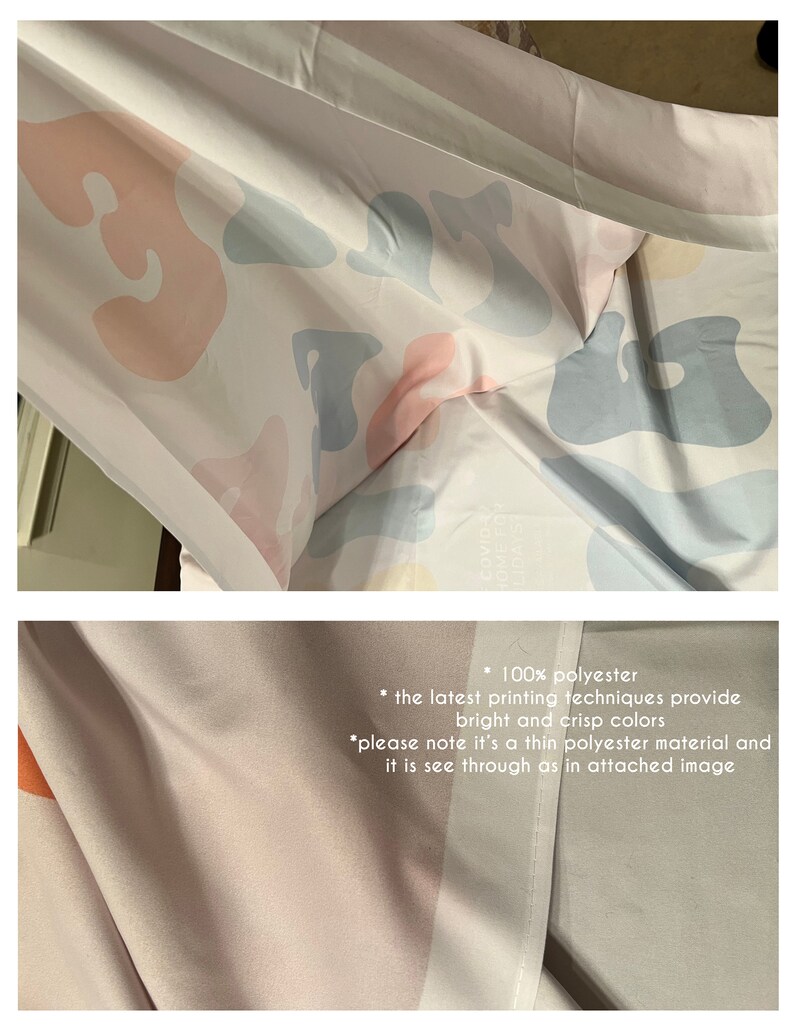 May include: A white backdrop with a colourful abstract pattern. The backdrop is made of thin polyester and is see-through. The text on the backdrop reads "COVID HOME FOR HOLIDAYS * 100% polyester * the latest printing techniques provide bright and crisp colours *please note it's a thin polyester material and it is see through as in attached image"