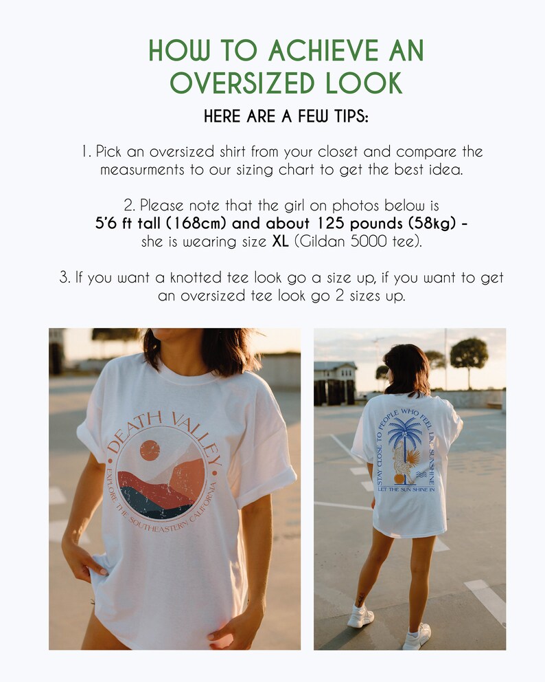 Puede incluir: Dos camisetas blancas con dise&ntilde;os gr&aacute;ficos. La primera camiseta tiene un gr&aacute;fico de una puesta de sol sobre una cordillera con el texto "Death Valley Explore the Southeastern California". La segunda camiseta tiene un gr&aacute;fico de una palmera con el texto "Stay close to people who feel the sun shine in".