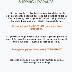 May include: A white background with green text reading "SHIPPING UPGRADES". The text details shipping information, including processing times, and instructions on upgrading shipping. It also clarifies that faster shipping isn't guaranteed.