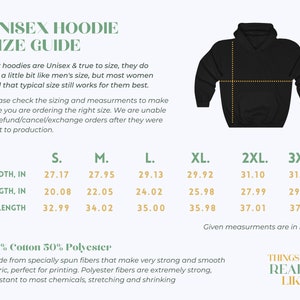 May include: Unisex hoodie size guide with measurements in inches for width, length, and sleeve length. Sizes range from S to 3XL. The hoodie is black and has a drawstring hood. The fabric is 50% cotton and 50% polyester.