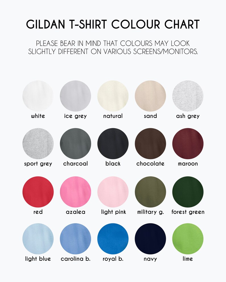 Puede incluir: Carta de colores para camisetas Gildan, que muestra 16 colores diferentes. Los colores est&aacute;n dispuestos en filas y etiquetados con sus nombres: blanco, gris hielo, natural, arena, gris ceniza, gris deportivo, carb&oacute;n, negro, chocolate, granate, rojo, azalea, rosa claro, verde militar, verde bosque, azul claro, azul carolina, azul real, azul marino y verde lima.