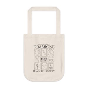 May include: A white canvas tote bag with a black graphic design. The design features the text "Proud Member of Dramione Readers Society" and a series of nine black and white illustrations.