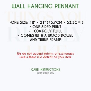 May include: A wall hanging pennant with the text "Things You Rely" in a white font on a peach background. The pennant is 18 inches by 21 inches (45.7 cm by 53.3 cm) and is made of 100% poly twill. It comes with a wood dowel and twine frame. Care instructions: spot clean only.