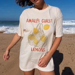 May include: A white t-shirt with a graphic of lemons in a mesh bag. The text "Amalfi Coast Lemons" is printed on the shirt.