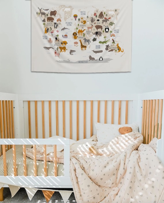 Large World Map Tapestry Animal World Map Wall Art Nursery