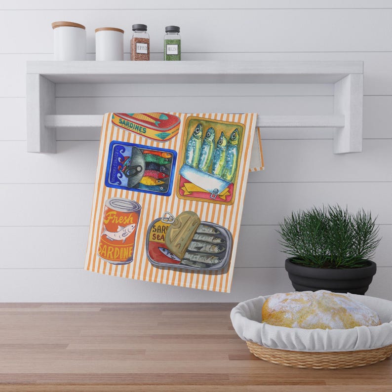Tinned Fish Tea Towel Sardines Tea Towel Veggie Tea Towel Amalfi Coast Decor Italy Kitchen Decor Retro Sardines Print Sardines Kitchen Decor image 3