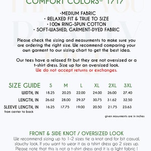 May include: Size chart for a unisex garment-dyed t-shirt. The chart shows the width, length, and sleeve length in inches for sizes S through 3XL. The text also mentions that the t-shirt has a relaxed fit and is made of 100% ring-spun cotton. COMFORT COLORS&reg; 1717