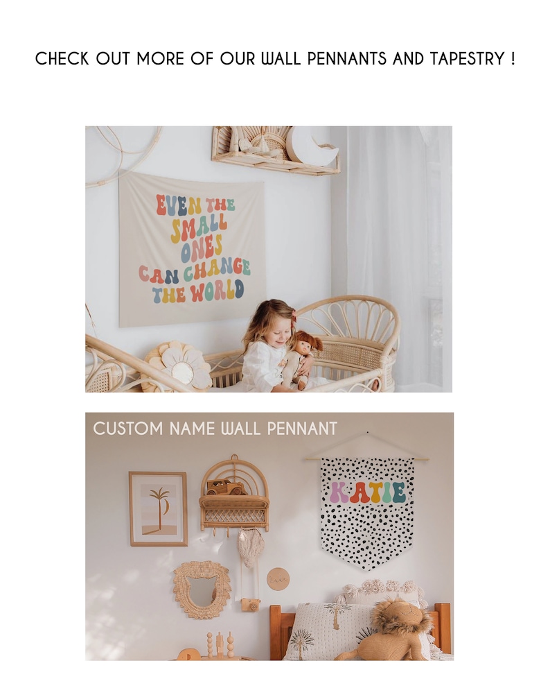 Puede incluir: Dos banderines de pared con fondo blanco y texto de colores. El primer bander&iacute;n dice "Incluso los m&aacute;s peque&ntilde;os pueden cambiar el mundo". El segundo bander&iacute;n tiene un fondo de lunares blanco y negro con el nombre "Katie" en letras de colores.