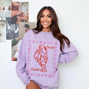 Pu&ograve; includere: Una felpa color lavanda con una grafica di aragosta rossa e il testo "ciao" ripetuto due volte. L'aragosta &egrave; circondata da un bordo di conchiglie rosa.