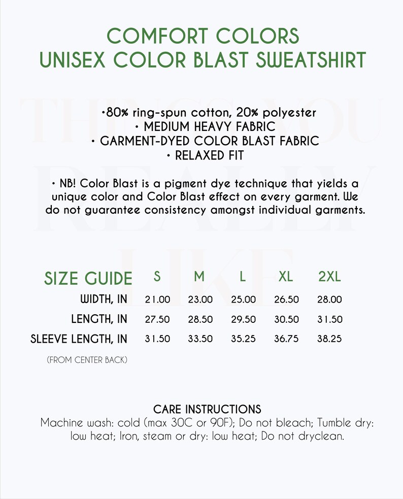 Pu&ograve; includere: Tabella delle taglie per felpa unisex Color Blast con misure in pollici per larghezza, lunghezza e lunghezza delle maniche. La tabella comprende le taglie S, M, L, XL e 2XL. Le istruzioni per la cura includono il lavaggio in lavatrice a freddo, l'asciugatura in asciugatrice a bassa temperatura e la stiratura a bassa temperatura.