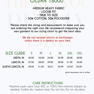 May include: Unisex sweatshirt size chart with measurements in inches for width, length, and sleeve length. The chart includes sizes S, M, L, XL, 2XL, and 3XL. The sweatshirt is made of 50% cotton and 50% polyester. Care instructions include machine wash, tumble dry, and do not iron.