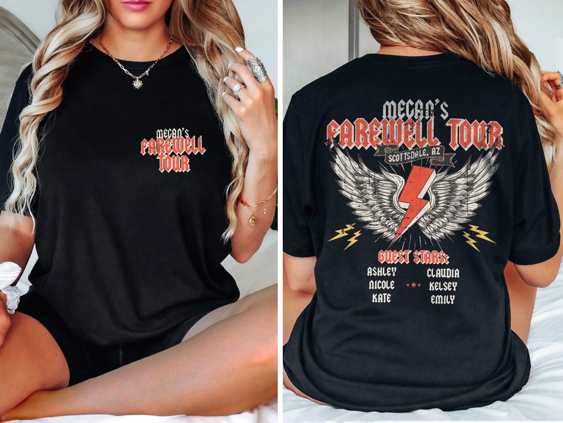 May include: Black t-shirt with a red graphic that says "Megan's Farewell Tour Scottsdale, AZ" with wings and lightning bolts. The back of the shirt lists "Guest Stars" with names Ashley, Nicole, Kate, Claudia, Kelsey, and Emily.
