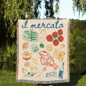 Italian Market Woven Throw Foodie Blanket Picnic Blanket Lobster Blanket Sardines Blanket Throw Sardines Decor Unique Italian Gifts for Her