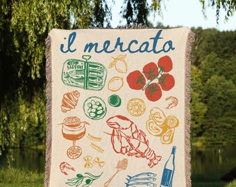 Italian Market Woven Throw Foodie Blanket Picnic Blanket Lobster Blanket Sardines Blanket Throw Sardines Decor Unique Italian Gifts for Her