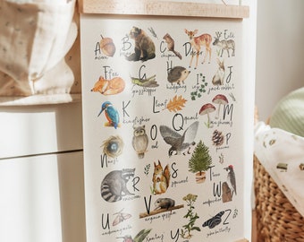 Woodland Alphabet Poster Woodland Nursery Decor Educational Posters Nursery Wall Decor Playroom Wall Decor Boho Classroom Decor Canvas Print