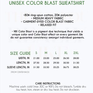 Peut inclure: Tableau des tailles pour sweat-shirt unisexe Color Blast avec des mesures en pouces pour la largeur, la longueur et la longueur des manches. Le tableau comprend les tailles S, M, L, XL et 2XL. Les instructions d'entretien comprennent un lavage en machine &agrave; froid, un s&eacute;chage en machine &agrave; basse temp&eacute;rature et un repassage &agrave; basse temp&eacute;rature.