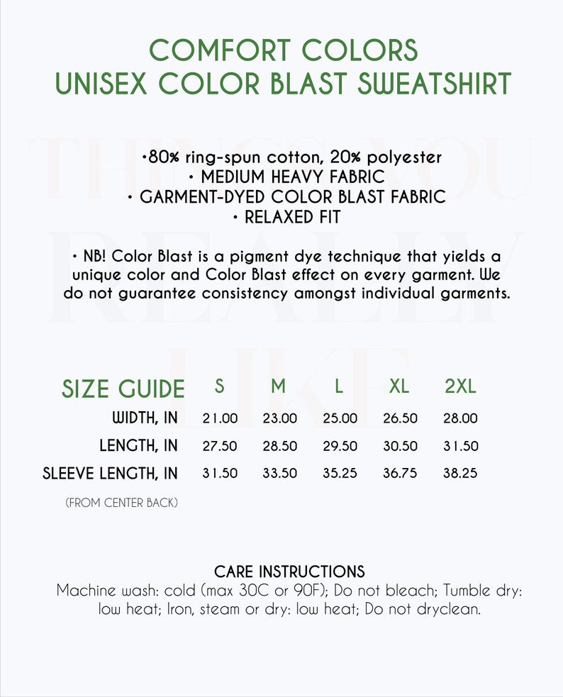 Peut inclure: Tableau des tailles pour sweat-shirt unisexe Color Blast avec des mesures en pouces pour la largeur, la longueur et la longueur des manches. Le tableau comprend les tailles S, M, L, XL et 2XL. Les instructions d'entretien comprennent un lavage en machine &agrave; froid, un s&eacute;chage en machine &agrave; basse temp&eacute;rature et un repassage &agrave; basse temp&eacute;rature.