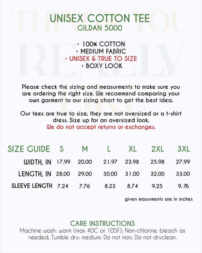 Puede incluir: Tabla de tallas para una camiseta de algod&oacute;n unisex con medidas en pulgadas. La tabla incluye ancho, largo y largo de manga para las tallas S, M, L, XL, 2XL y 3XL. El texto "Unisex Cotton Tee Gildan 5000" est&aacute; en la parte superior de la tabla. El texto "100% Algod&oacute;n, Tela Media, Unisex & Talla Real, Aspecto Boxy" est&aacute; debajo del t&iacute;tulo. El texto "Instrucciones de cuidado" est&aacute; en la parte inferior de la tabla. El texto "Lavar a m&aacute;quina: caliente (m&aacute;x. 40 &deg;C o 105 &deg;F); Sin cloro: blanquear seg&uacute;n sea necesario; Secar en secadora: a temperatura media; No planchar; No limpiar en seco." est&aacute; debajo del t&iacute;tulo "Instrucciones de cuidado".