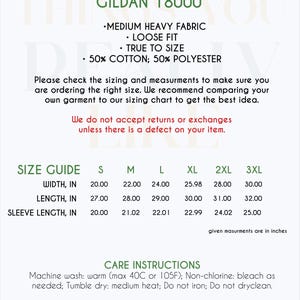 May include: Unisex sweatshirt size chart with measurements in inches for width, length, and sleeve length. The chart includes sizes S, M, L, XL, 2XL, and 3XL. The sweatshirt is made of 50% cotton and 50% polyester. Care instructions include machine wash, tumble dry, and do not iron.