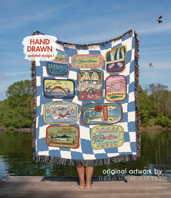Tinned Fish Woven Throw Sardines Blanket Retro Sardines Woven Blanket Sardines Decor Aesthetic Fisherman Unique Fishing Gift For Fishermen