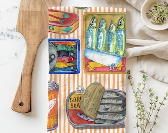 Tinned Fish Tea Towel Sardines Tea Towel Veggie Tea Towel Amalfi Coast Decor Italy Kitchen Decor Retro Sardines Print Sardines Kitchen Decor