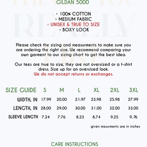 May include: Size chart for a unisex cotton tee shirt made by Gildan. The chart shows measurements in inches for width, length, and sleeve length for sizes S, M, L, XL, 2XL, and 3XL. The tee is made of 100% cotton and has a medium fabric weight. It is true to size and has a boxy look.