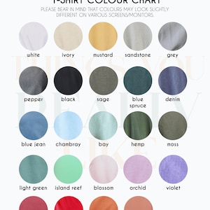 May include: A color chart showing 20 different t-shirt colors. The colors are arranged in rows and labeled with their names. The chart is titled "Comfort Colors T-Shirt Colour Chart".