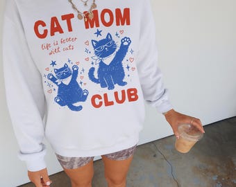 Katzen Mom Club Sweatshirt Katze Hand gezeichnet Cat Mom Club Shirt Kundenspezifisches Katzen-Shirt Katzen Mom Sweatshirt Adoption Datum Geschenk Katze Themen Geschenke Lustige Katze