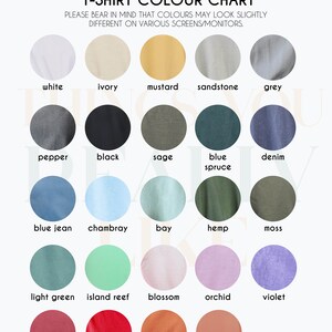 May include: A colour chart displaying 20 different t-shirt colours. The colours are arranged in rows and labelled with their names. The chart is titled "Comfort Colors T-Shirt Colour Chart".