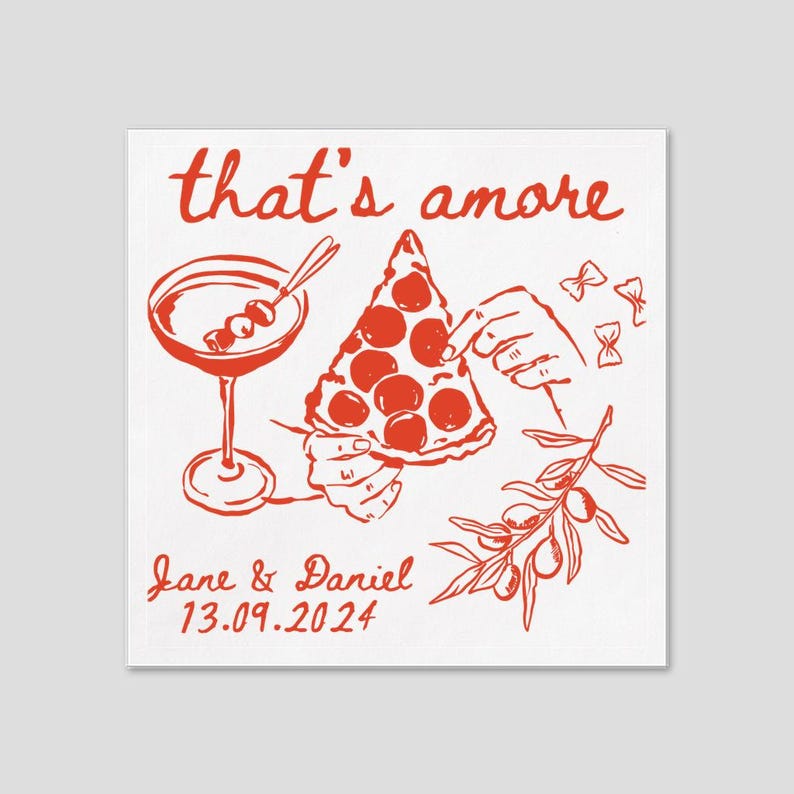 Tovaglioli personalizzati per matrimoni, tovaglioli That's Amore, tovaglioli per matrimoni italiani, decorazioni per feste di pasta, tovaglioli personalizzati per cocktail, tovaglioli per pizzerie, tovaglioli per l'estate italiana immagine 6