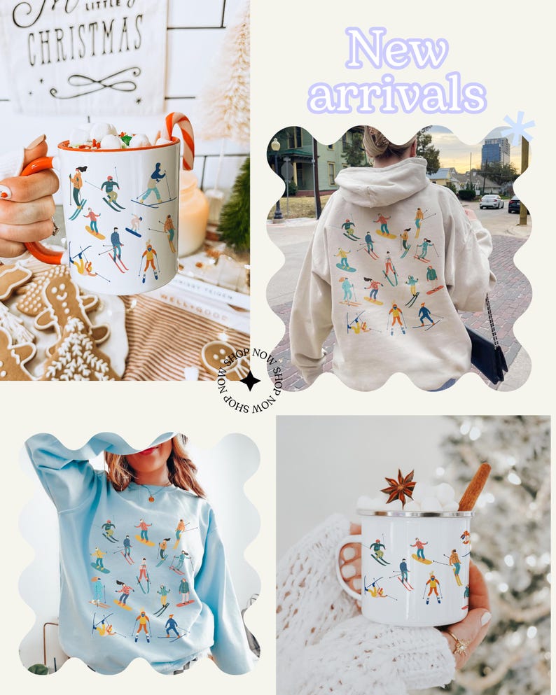 Pu&ograve; includere: Un set di quattro prodotti a tema invernale che comprende una felpa blu, una felpa con cappuccio bianca, una tazza bianca e una tazza smaltata bianca. Tutti gli articoli presentano un'illustrazione colorata di persone che sciano in discesa.