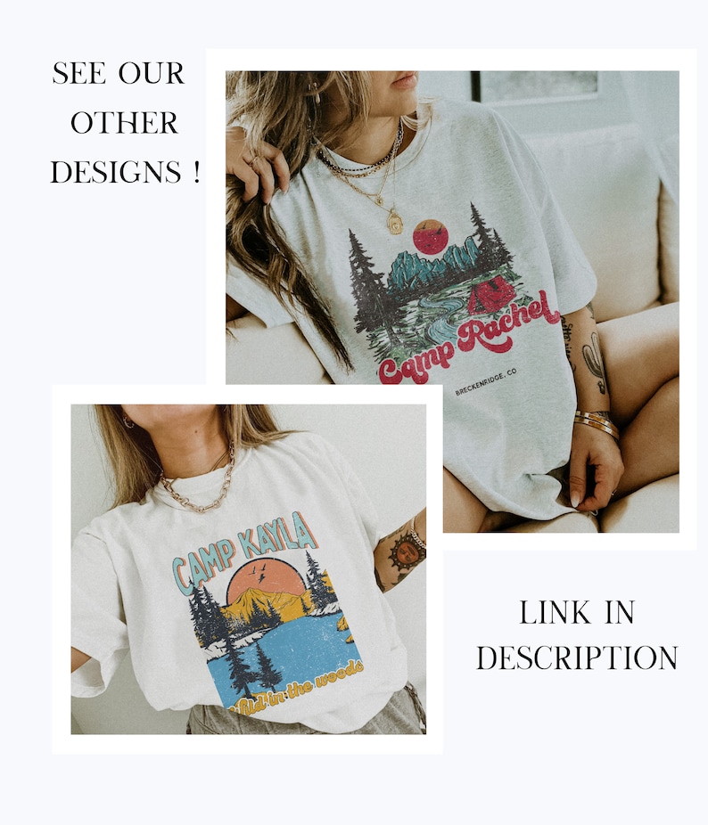 May include: Two white t-shirts with a camping theme. The first shirt has the text "Camp Kayla" and a graphic of a mountain, lake, and trees. The second shirt has the text "Camp Rachel" and a graphic of a lake, trees, and a tent. Both shirts have a distressed look.