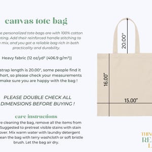 May include: A beige canvas tote bag with a 15.00" by 16.00" body and 20.00" handles. The bag is made of heavy fabric (12 oz/yd&sup2; (406.9 g/m&sup2;)). The text "PLEASE DOUBLE CHECK ALL DIMENSIONS BEFORE BUYING!" is printed in black on the bag. The text "THINGS YOU REALLY LIKE" is printed in black on the bottom of the bag.