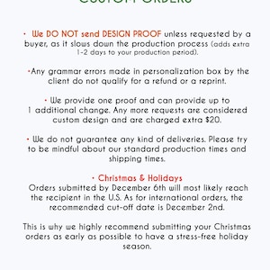 May include: Text-based information about custom orders, including details about design proofs, grammar errors, additional changes, and shipping times. The text also mentions a cut-off date of 2nd December for international orders.