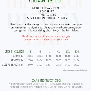 May include: Unisex sweatshirt size chart with measurements in inches for width, length, and sleeve length. The chart includes sizes S, M, L, XL, 2XL, and 3XL. The sweatshirt is made of 50% cotton and 50% polyester. Care instructions include machine wash, tumble dry, and do not iron.