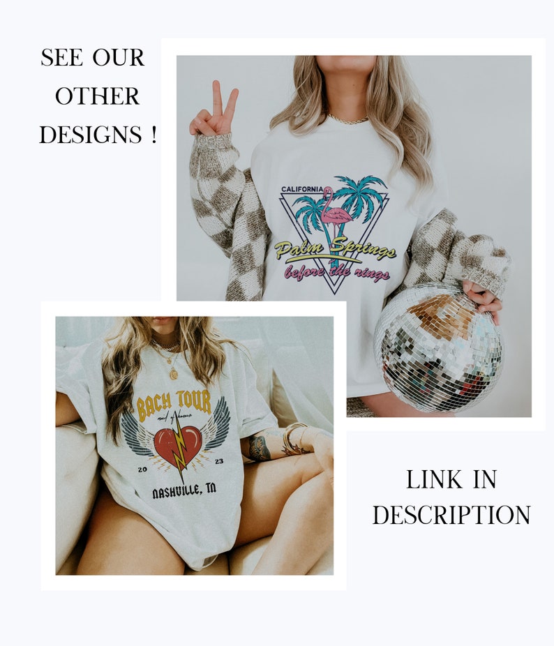 May include: Two white t-shirts with different graphic designs. The first shirt features a pink flamingo and palm trees with the text "California Palm Springs before the rings". The second shirt features a red heart with lightning bolt and wings with the text "Bach Tour 20 Nashville, TN 23".