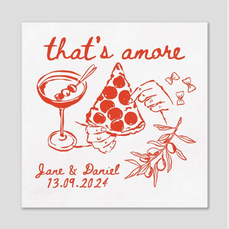 Tovaglioli personalizzati per matrimoni, tovaglioli That's Amore, tovaglioli per matrimoni italiani, decorazioni per feste di pasta, tovaglioli personalizzati per cocktail, tovaglioli per pizzerie, tovaglioli per l'estate italiana immagine 2