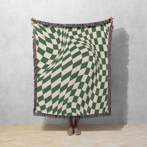 Checkered Blanket Woven Blanket Woven Throw Blanket Boho Throw Blanket Checkered Throw Dark Green Blanket Picnic Blanket Checkered Bedding