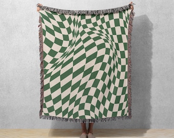 Checkered Blanket Woven Blanket Woven Throw Blanket Boho Throw Blanket Checkered Throw Dark Green Blanket Picnic Blanket Checkered Bedding