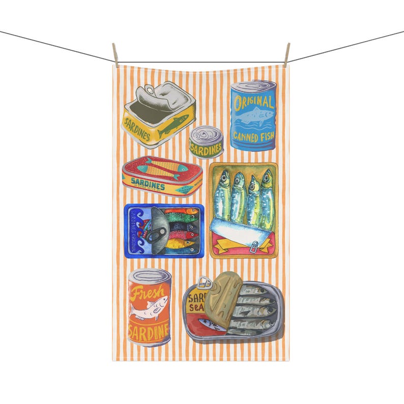 Tinned Fish Tea Towel Sardines Tea Towel Veggie Tea Towel Amalfi Coast Decor Italy Kitchen Decor Retro Sardines Print Sardines Kitchen Decor image 4