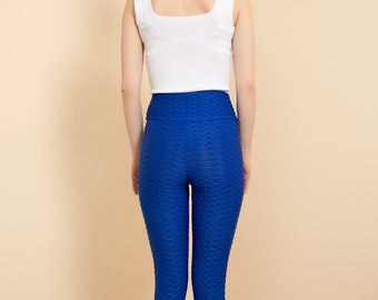 Leggings en nid d’abeille pour femmes, Sport Taille Haute Sans Couture Saks Blue Leggings, Pantalon de Yoga