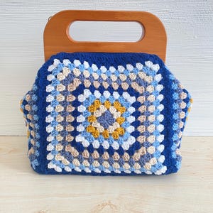 Blue Crochet Granny Square Clutch: Vintage Wooden Handle Purse