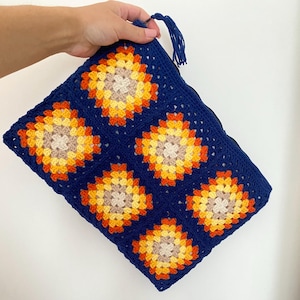 Dark blue crochet granny square clutch, evening crochet bag