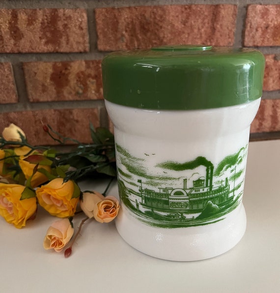 glass tobacco jar White Milk Glass Tobacco Jar / Humidor With Green Steamboat Scene, Green  Plastic Lid