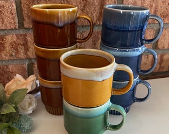Vintage 1960s-1970s MCM Drip Glazed Stacking Mugs with Ribbed Bases, Made in China