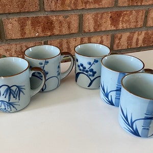 Set of 5 Vintage Light Blue Japanese Ceramic Abstract Mugs with Cobalt Bamboo, Willow, Cherry Blossom Patterns